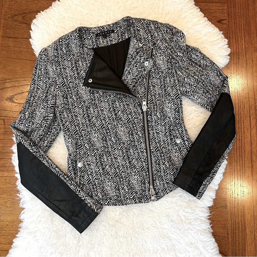 Theory Joean Herringbone Print and Faux Leather Moto Jacket Size 0